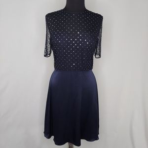 Vtg Pamela Dennis Dress‎ Silk Jewel Mesh Sheer Sweetheart Keyhole A-Line Midi 10